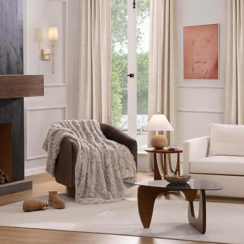 UGG Adalee Faux Fur Throw Blanket Luxury Lightweight Cozy Soft Throw for Couch Bed or Chair Hypoallergenic Machine Washable Double-Sided Fluffy Blanket Home Decor, 50-inch x 70-inch, Oyster Brown