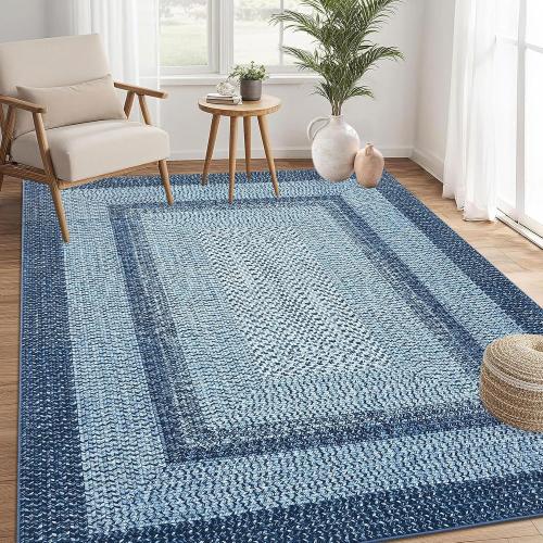 Washable Rug  Boho Accent Carpet Modern Geometric Floor Carpet Indoor Throw Floor Cover Braided Print Rug Low Pile Non Slip Farmhouse Rustic Bohemian Carpet for Living Room Bedroom, Blue