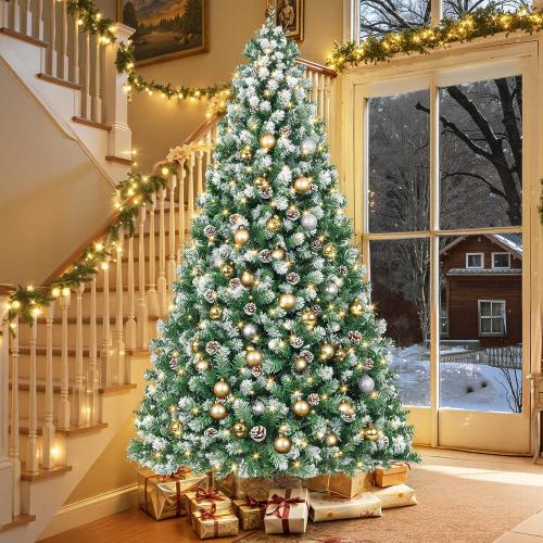 HOLLO STAR 7.5 ft Prelit Christmas Tree with 379 LED Lights, App Control, Artificial Christmas Tree, Multi-Color RGBW Lights, 1476 Flocked Frosted Tips, 86 Pine Cones, Metal Base, for Home, Party