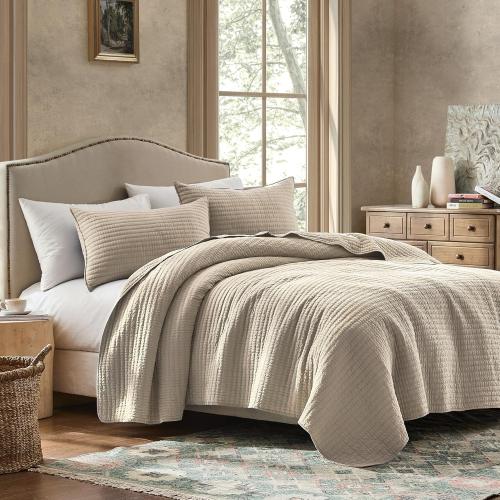 100% Cotton  - Beige Neutral Striped Pick Stitch Soft Lightweight Bedspread, Textured Like Linen, Farmhouse Country Rustic Coverlet, Shabby Chic Gauze Bedding