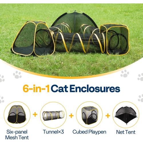 VIVOHOME 6-in-1 Outdoor Cat Enclosure with Playhouse, 2 Tents & 3 Tunnels - Portable Cat Playground with Leash and Mint Ball for Indoor/Outdoor Use, Yard Balcony Camping Safety