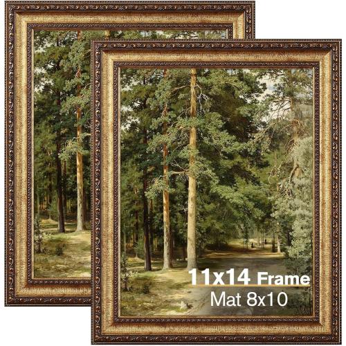 11x14 Gold Picture Frame, 2 Pack Ornate Vintage Picture Frames for Wall or Tabletop Display, 11 x 14 Photo Frame Gold with Real Glass, Display Poster 8x10 with Mat or 11x14 without Mat for Antique Déco