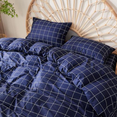 JELLYMONI 100% Natural Cotton 3pcs Plaid Duvet Cover Sets, Checkered Queen Comforter Cover, 1 Duvet Cover and 2 Pillow Cases with Zipper Closure & Corner Ties, Dark Blue