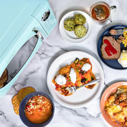 Color Blue Nostalgia Retro Microwave Oven - 0.7 Cu Ft, 700-Watt Countertop Size with Glass Turntable, Child Safety Lock, 8 Auto-Cook Programs, Digital Clock - Aqua