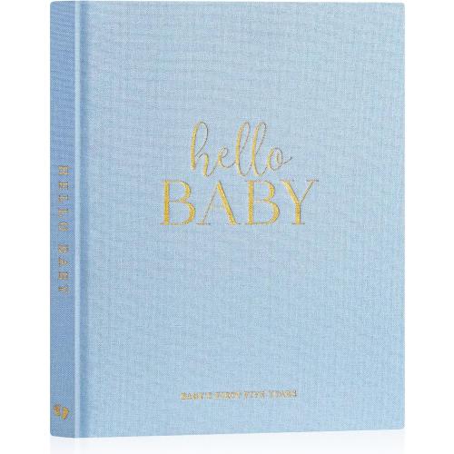 Lanpn Hello Baby First 5 Year Memory Book for Boy Girl - Linen Hardcover Keepsake for New Parents - Newborn Journal Scrapbook Photo Album Milestone Book (Blue, 154 Pages)
