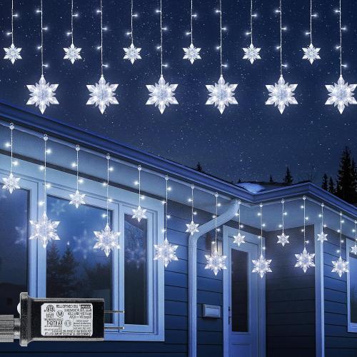 Snowflake Icicle Lights,8.2ft 144LED Curtain Fairy Light with 12 Drops,Connectable 8 Mode Timer Snowflake Christmas Lights Plug in for Bedroom,Window,Wedding,Indoor Outdoor Xmas Decor,White