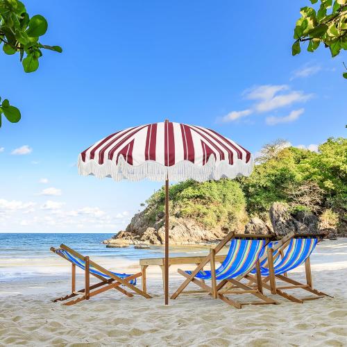 Rayjee 6.5FT Patio Umbrella with Fringe, UV Protection Beach Umbrella with Tilt & Adjustable Height, Includes Carry Bag & Ground Stake, Outdoor Umbrella for Pool, Garden, Backyard