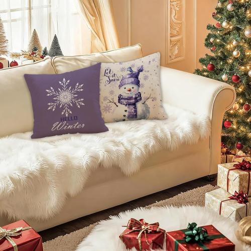 Purple Christmas Snowflake Snowman Pillow Covers 18x18 Set of 2, Winter Home Decor, Purple Hello Winter Snowman Holiday Xmas Decorative Pillow Covers for Home Living Room Bedroom