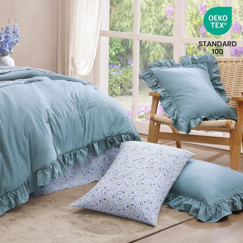 BLOOMHAVEN Oversized Queen Comforter Set - 7 Pieces Ruffle Blue Bedding Sets, Shabby Chic Farmhouse Bed in a Bag with Ruffle Comforter, Floral Sheets, Pillowcases & Shams