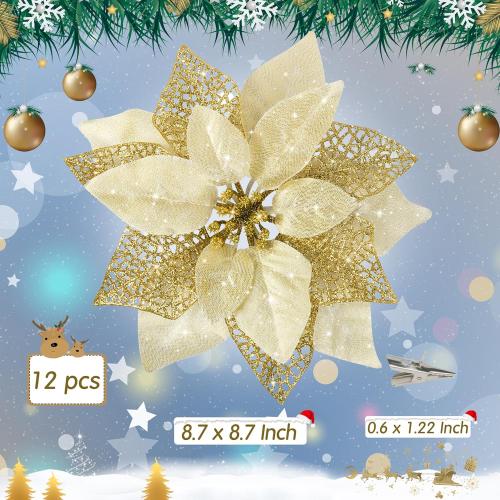 Childom 12 PCS Poinsettia Flower Artificial Poinsettia Christmas Decoration 8.7'' Gold Glitter Poinsettias Christmas Ornaments Xmas Tree Flower Decor with Clips DIY Xmas Wreath Holiday Home Party