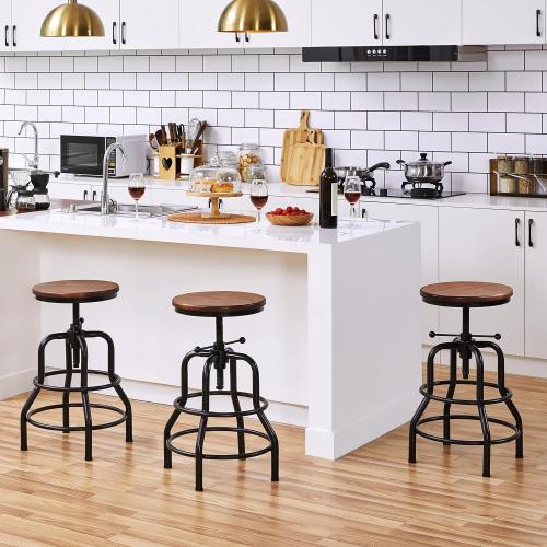 Yaheetech Industrial Vintage Counter Height Adjustable Bar Stool Rustic Metal Bar Stool with Round Wood Seat Kitchen/Dining/Cafe Chair 20-27 Inch Tall, Brown, 2PCS