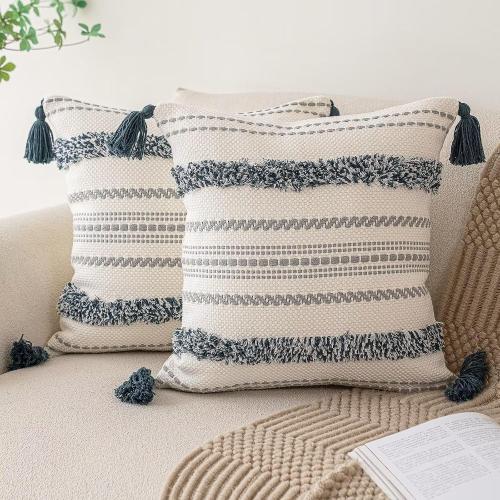 BUIOVBEY Boho Throw Pillow Covers Woven Tufted Pillow Cases with Tassels