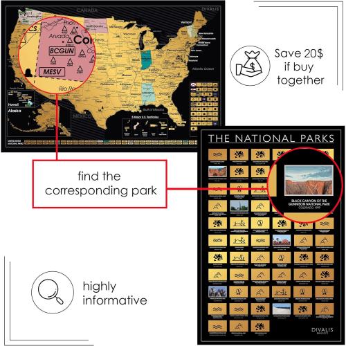 2 in 1 Gift Set - Scratch off US Map and 63 National Parks Poster - 24x16 Easy to Frame Scratchable United States of America Posters - Globetrotters Wall Map - Black and Gold Travel Tracker