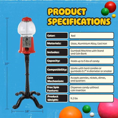 Great Northern Popcorn Company 6260 15 Vintage Candy Gumball Machine & Bank with Stand - Everyone Loves Gumballs!, red | Vintage Style Bubble Gum Machine with Glass Globe and Metal Base - Gum Ball or Candy Dispenser