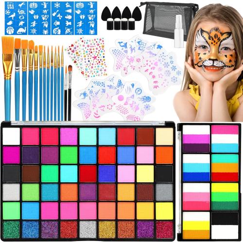 Face Painting Kit for Kids,54&18 Colors Professional Face Paint Makeup Kit | Water Activated Face Paint Palette, Body Paint for Adults,Non Toxic Makeup for Halloween,Christmas,Cosplay,Parties, Birthdays