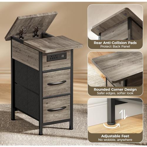 Huuger Narrow End Table with Charging Station, Side Table with 2 Drawers