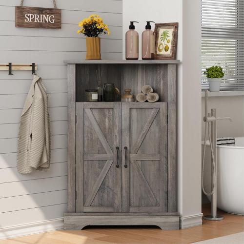 Smuxee Bathroom Corner Storage Cabinet, Farmhouse Floor Corner Cabinet with Barn Door and Adjustable Shelf, Wash Grey Narrow Cabinet Organizer for Bathroom, Living Room, Kitchen