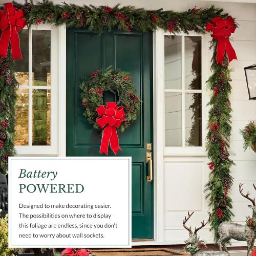 Balsam Hill Outdoor Red Berry Pine Christmas Garland - Fresh Traditional Greenery Garland with Natural Elements & Battery-Operated LED Clear Lights for Indoor and Outdoor Holiday Decorating, 6'
