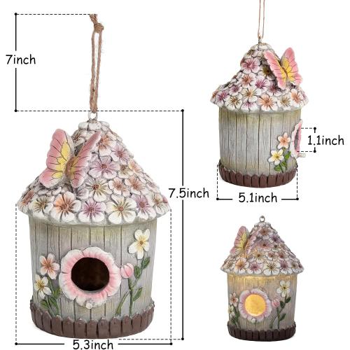 Hanging Bird House for Outdoor with Solar Light, Nesting Box Garden Resin Decor, Pet Cottage Birdhouse with Pole Decoration for Small Hummingbird Blue Bird Sparrow Chickadee