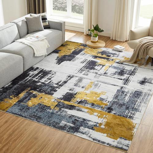 VKLiving Machine Washable 8'x10' Abstract Area Rug - Non Slip, Modern Woven, Soft Carpet for Living Room, Bedroom, Kitchen & Dining - Black