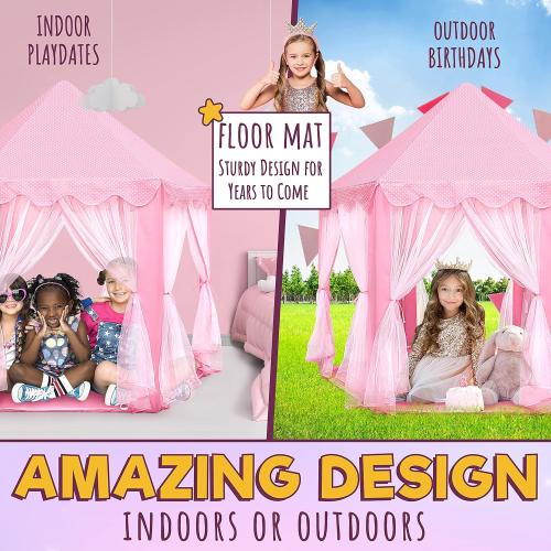ORIAN Princess Castle Playhouse Tent for Girls with LED Star Lights – Indoor & Outdoor Large Kids Play Tent for Imaginative Games – ASTM Certified, 230 Polyester Taffeta. Pink 55x53.