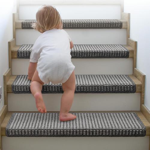 Brakki Bullnose Carpet Stair Treads, Stair Treads for Wooden Steps Indoor Runner and Pets, Non Slip Soft Edging Staircase Protectors, Washable, 29.5x9.5x1.5 7pcs, Grey and Cream