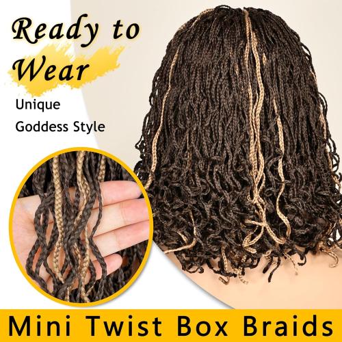 SOKU Braided Wigs for Black Women, 13 Inch Mini Twist Short Braided Wig 4x4 Lace Frontal Box Braid Wig Blonde Highlights Curly Braids Glueless Wigs for Daily Wearing