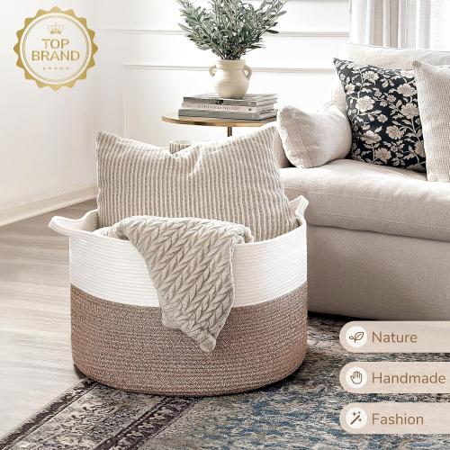 INDRESSME XXXLarge Cotton Rope Basket 21.7 x 21.7 x 13.8 Woven Baby Laundry Blanket Basket Toy Baskets with Handle Storage Comforter Cushions Thread Laundry Hamper Home Decor Living Room
