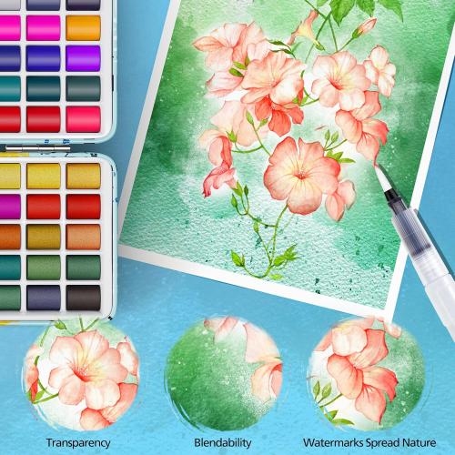 Caliart Watercolor Paint Set, 50 Colors Portable Travel Water Color Palette Kit with Detail Paint Brush, Art Supplies for Painting Coloring, Drawing Gifts for Adults Professional Artists