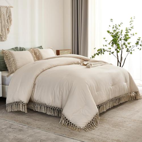 Comforter Queen Size Set Beige, 3 Pieces Tassel Boho Lightweight Winter Bedding Comforters & Sets, All Season Bed Set (90x90In Comforter & 2 Pillowcases)