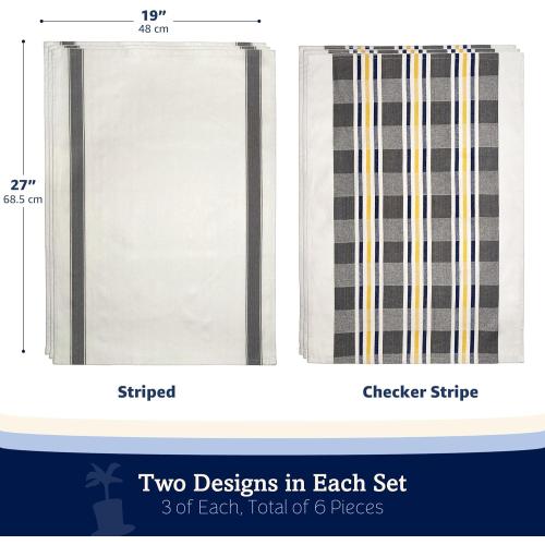 Lincoln & Palm Natural Cotton Tea Towels, 27 x 19, Set of 6 Herringbone Kitchen Dish Towels, Flour Sack Flat Woven for Drying Dishes, Hands, or Bread Proofing, Striped, Patterned Designs (Light Gray)