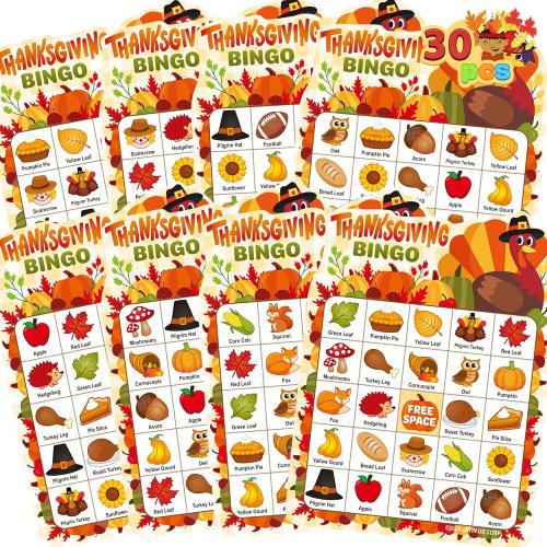 JOYIN 30 PCS Thanksgiving Bingo Game Cards for Kids Family Activities, Party Card Games, School Classroom Games, Turkey Party Favors Supplies, Crafts, Stickers & Fall Crafts