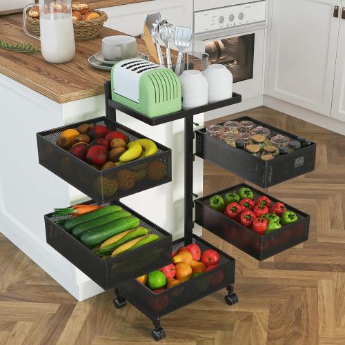 Rolling Rotating Storage Cart No Assembly Required，Bathroom Shelf Fruit and Vegetable Basket for Kitchen,Storage Drawer Organizer Cart ，Metal Utility cart on Wheels(Black, 5 Tier-Square)