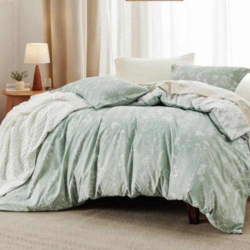 Bedsure Queen Comforter Set - Sage Green Bed Set, 3 Pieces Cute Floral Bedding, 1 Soft Reversible Botanical Flowers Comforter and 2 Pillow Shams