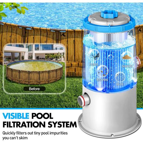 KimPump 1000 GPH Light-Up Pool Filter Pump for Above Ground Pool|Built-in Blue LED Light,Transparent Housing for Real-Time Water Circulation &Filtration Monitor, Pool Cartridge Filter Pump System Cyan
