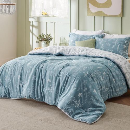 Bedsure Queen Comforter Set - Mineral Blue Bed Set, 3 Pieces Cute Floral Bedding, 1 Soft Reversible Botanical Flowers Comforter and 2 Pillow Shams