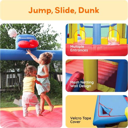 [Upgrade Version] PicassoTiles KC102 12x10 Foot Inflatable Bouncer Jumping Bouncing House, Jump Slide, Dunk Playhouse w/Basketball Rim, 4 Sports Balls, Full-Size Entry, 580W ETL Certified Blower‼️light dirt‼️