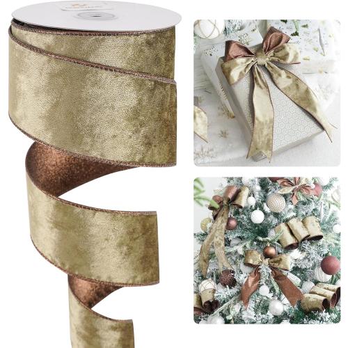 HUIHUANG Brown Velvet Wired Ribbon 2.5 inch Velvet with Glitter Copper Brown Christmas Ribbon for Tree Decorations, Bows, Wreath, Garland, Gift Wrapping, Fall Decor- Continuous 10 Yards