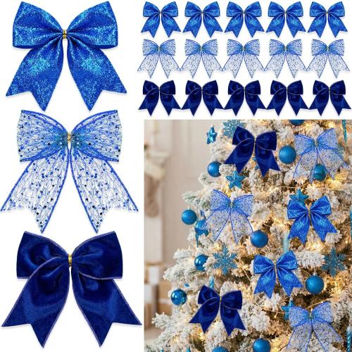36 Pcs Christmas Bows with Twist Ties 6 Inch Velvet Mesh Ribbon Wreath Glitter Bows for Holidays Wreath Christmas Tree Railings Farmhouse Decoration DIY Craft Gift(Blue)