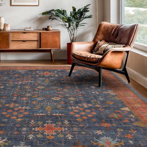 Large 3x5 Kitchen Rug Non Slip Machine Washable, Throw Rugs for Entryway Indoor, Floor Mat, Home Office Under Chair - Stain Resistant Non Skid Rubber Backing, Tribal Farmhouse Décor (3x5 Navy Blue)