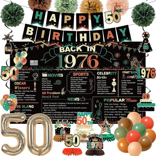 DARUNAXY Colorful 1976 50th Birthday Decorations for Men Women(32PC) | Back in 1976 Banner, 50 Number Balloons & Cake Topper, Vintage 1976 50 Year Old Birthday Honeycomb Hanging Swirl Supplies