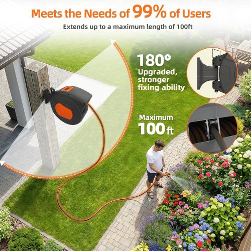 Retractable Garden Hose Reel 100 FT, 1/2 Heavy Duty Garden Hose 435 PSI Burst Pressure, Wall Mounted Water Hose Reel with 10-Pattern Nozzle, 180° Swivel, Slow Auto Rewind & Any Length Lock