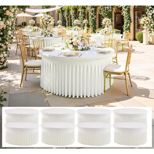 NSSONBEN 8 pk Ivory Round Spandex Tablecloth 72 in with Ruffled Skirt,Wrinkle Free High-Stretch 132 inch Fitted 6ft Cream Table Cloths Round Spandex Table Covers 6ft for Party Wedding Banquet Dinning