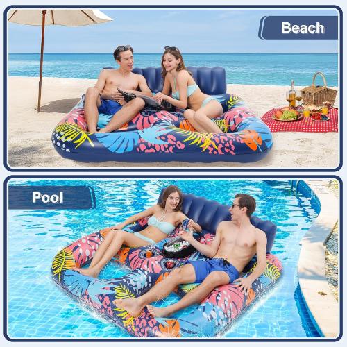 2-Person Inflatable Pool Floats Adult Heavy Duty, 71 x 61 Pool Lounger Float with Cup Holders & Backrest & Removable Insulated Cooler, Thickened Swimming Raft for Pool Party, Lake, Beach, River