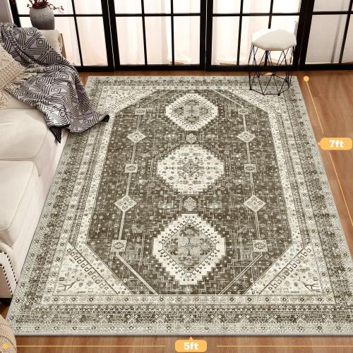 LOKHOM 8x10 Area Rugs for Living Room, Non-Slip Washable Vintage Area Rug, Low Pile Soft Faux Wool Large Floor Carpet Accent Rug for Bedroom Kitchen Entryway Dining Room Nursery,Vintage Brown