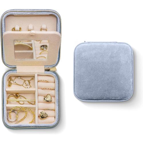 Benevolence LA Plush Velvet Jewelry Box | Travel Jewelry Case Organizer with Mirror | Featured in Oprah's Favorite Things | Best Gifts For Daughter, Girlfriend, Mom | Gifts For Her - Periwinkle Blue