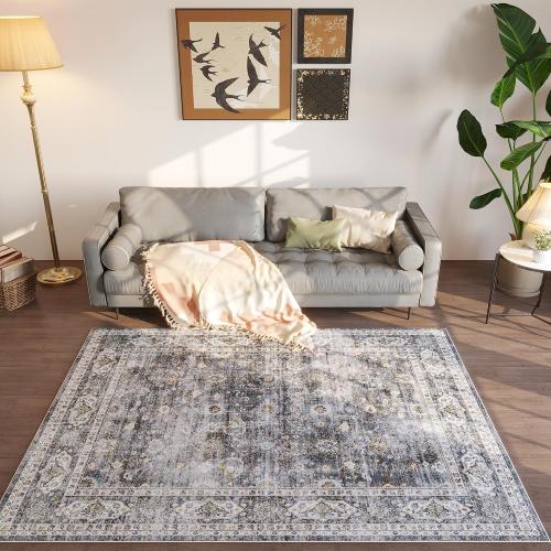 Grey and Blue Bedroom Rectangular Rug Washable Area Rug Non Slip Low Pile Small Carpet for Bedroom, Bedside, Kitchen, Entryway, Kids Room, Office, College Dorm Essentials for Girls