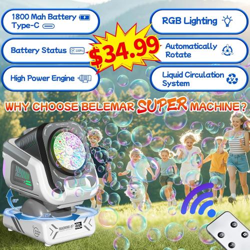 2025 Upgraded Bubble Machine with Remote Control, Automatic Rotation & RGB Lights, 1800mAh Rechargeable Battery, Type-C Charge, Bubble Maker for Kids, Weddings, Birthday Parties, Outdoor Activities