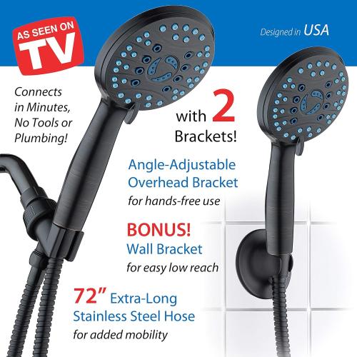 Hotel Spa AquaCare High Pressure 8-mode Handheld Shower Head - Anti-clog Nozzles, Built-in Power Wash to Clean Tub, Tile & Pets, Extra Long 6 ft. Stainless Steel Hose, Wall & Overhead Brackets