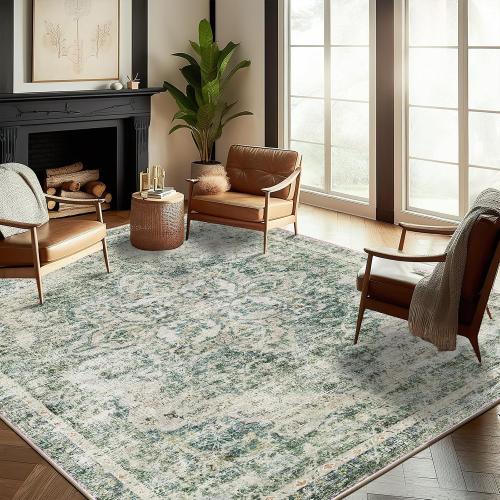 CHAMPLANT Washable Area Rug 9'x12' Retro Boho Design Non-Shedding Easy Care Ideal for High Traffic Areas in Living Room Bedroom Office Coffee Table Kitchen Large Carpet
